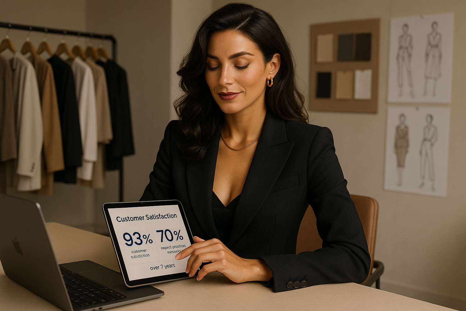 Crea una donna in carriera, chic, intraprendente, sensuale che lavora in un e-commerce di abbigliamento femminile e che sa che in un arco temporale di 7 anni, abbiamo registrato che oltre il 93% dei nostri clienti si è dichiarato soddisfatto del prodotto acquistato, e più del 70% di loro ha manifestato l'intenzione di effettuare ulteriori acquisti dal nostro vasto catalogo.